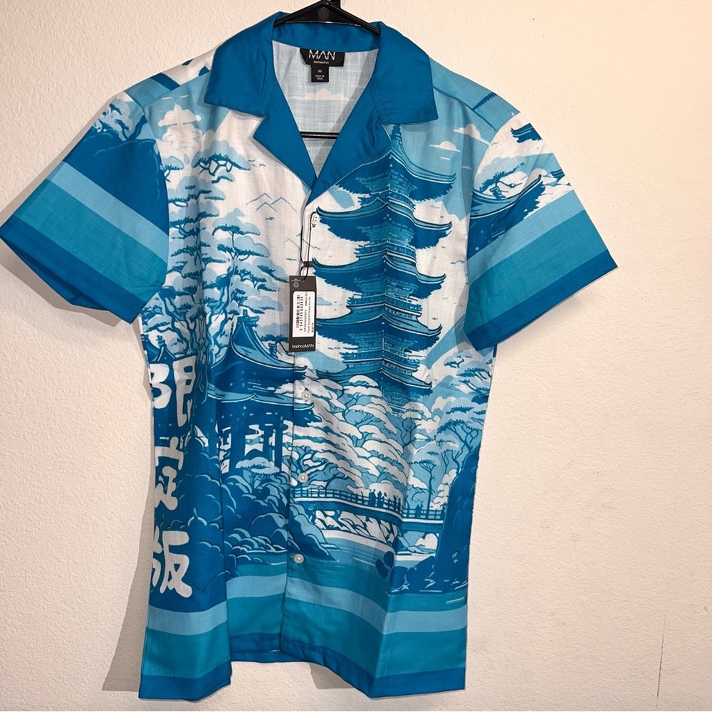 NWT Boohoo MAN Oriental Shirt & Swim Short Set White & Blue Size XS Beach Anime